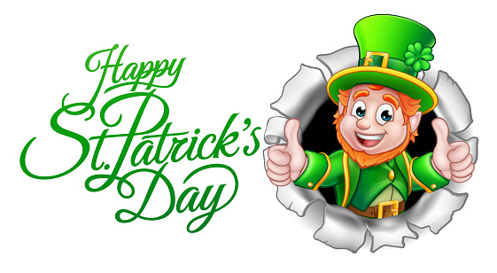 A cute Leprechaun cartoon character breaking through the background with Happy St Patricks Day message