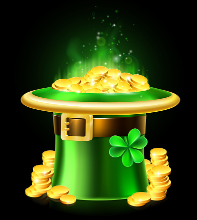 A St Patricks Day leprechaun green shamrock hat full of gold coins