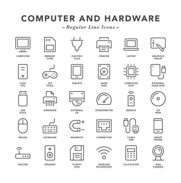 illustrazioni stock, clip art, cartoni animati e icone di tendenza di computer e hardware - icone di linea regolari - hard drive computer part computer information superhighway