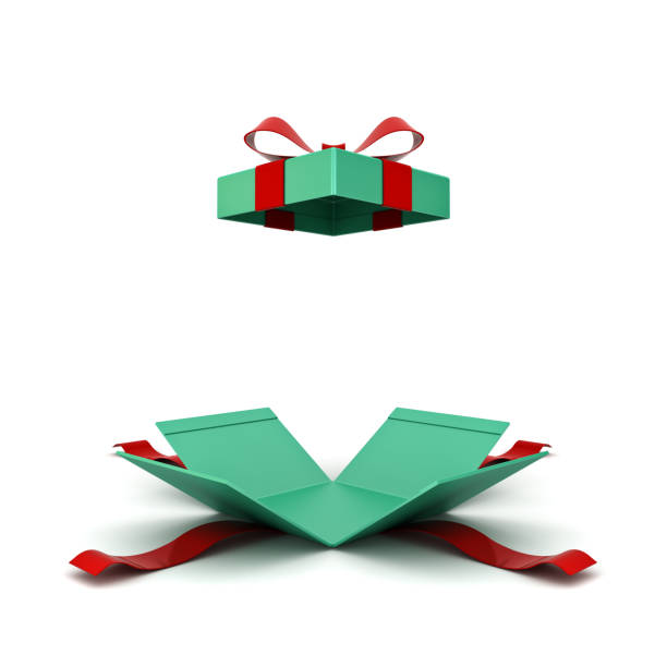 caja de regalo de navidad abierta o caja actual verde con cinta roja y arco aislado sobre fondo blanco con render 3d shadow - green box fotografías e imágenes de stock