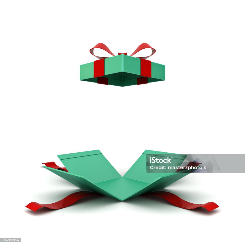 Open christmas gift box or green present box with red ribbon and bow isolated on white background with shadow 3D rendering - Royalty-free Prenda de Natal Foto de stock