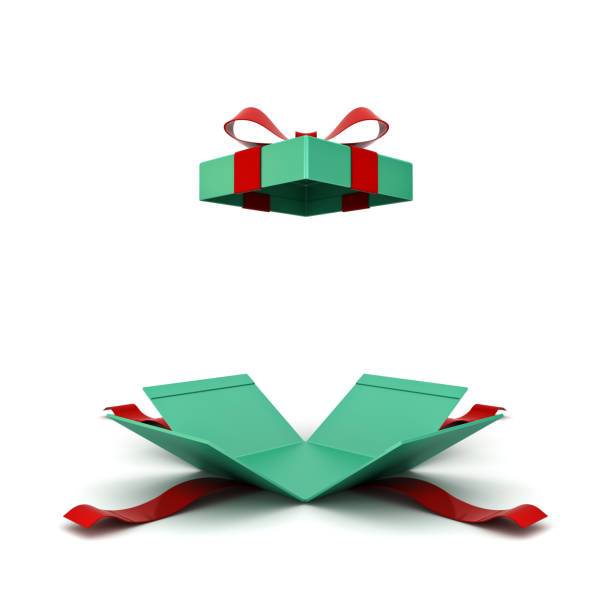 open christmas gift box or green present box with red ribbon and bow isolated on white background with shadow 3d rendering - unwrapped imagens e fotografias de stock