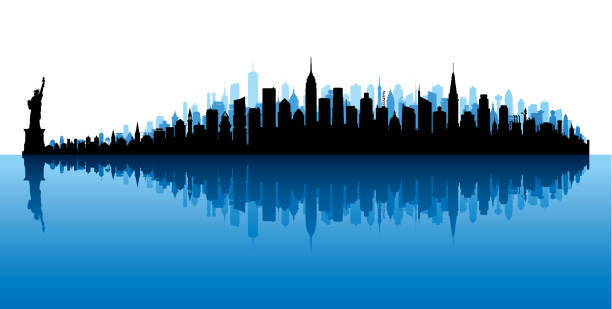 illustrazioni stock, clip art, cartoni animati e icone di tendenza di new york (tutti gli edifici sono spostabili e completi) - new york city panoramic statue of liberty skyline