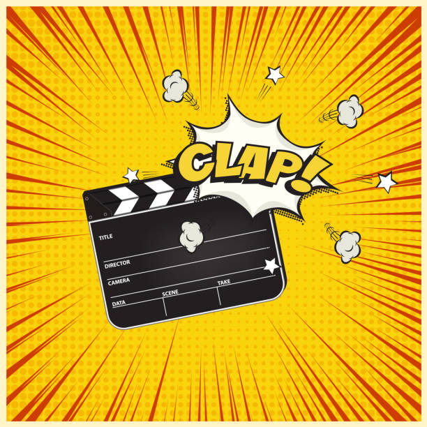 Clapperboard with Clap word speech bubble on vintage manga style background. Vector retro cinema illustration. Clapperboard with Clap word speech bubble on vintage manga style background. Vector retro cinema illustration action anime movies stock illustrations