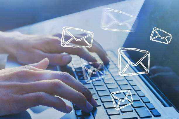 Email marketing concept. Sending newsletter. Email marketing concept. Sending newsletter. Hands typing on keyboard as background. e mail inbox photos stock pictures, royalty-free photos & images