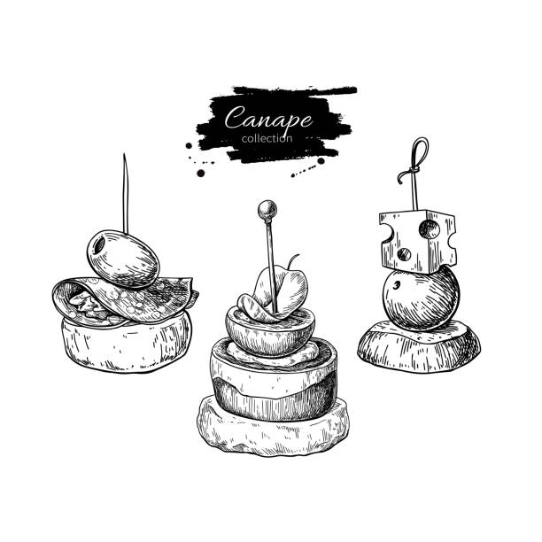 Canape vector drawings. Food appetizer and snack sketch. Finer food for buffet, restaurant, catering service. Canape vector drawings. Food appetizer and snack sketch. Finer food for buffet, restaurant, catering service. Tapas engraved illustration. Great for banner, poster, label canape stock illustrations