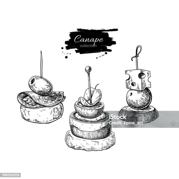 Canape Vector Drawings Food Appetizer And Snack Sketch Finer Food For Buffet Restaurant Catering Service Stock Illustration - Download Image Now
