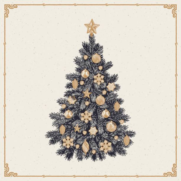 рождественская елка, подробная винтажная векторная иллюстрация - christmas retro revival frame holiday stock illustrations