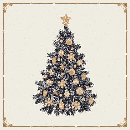 Vector illustration of detailed retro styled Christmas tree isolated on white background