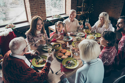 High above angle view of noel diverse family gathering. Cheerful glad grey-haired grandparents, grandchildren, brother, sister, sitting at table, fun joy house party, feast, tasty yummy food, clink