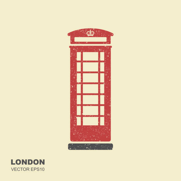 londoner telefonzelle. flache symbol mit abgewetzten wirkung - telephone cabin london england telephone booth stock-grafiken, -clipart, -cartoons und -symbole