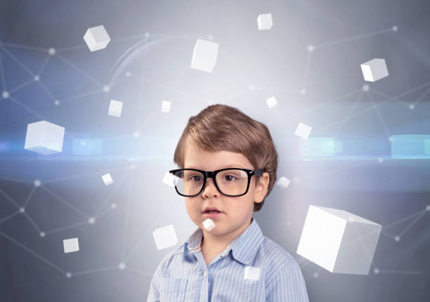istock Cute kid with luminous cubes around 1061255592
