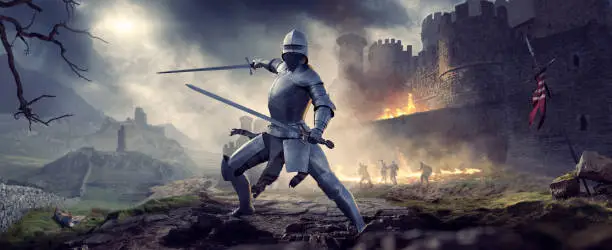 A knight in full armour with helmet, in combat pose with two swords ready to fight. The knight stands by a burning castle, with other knights fighting in the background. The knight is in a fantasy medieval landscape, under a dark and stormy sky.
