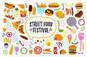istock Big vector fast food festival set isolated on white background: burger, dessert, pizza, hotdog, chicken etc. 1061259944