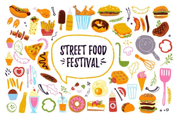 Big vector fast food festival set isolated on white background: burger, dessert, pizza, hotdog, chicken etc. Big vector fast food festival set isolated on white background: burger, dessert, pizza, hotdog, chicken etc. Hand drawn sketch style, chalkboard drawing. Good for menu, banner, poster, flayer design. pics for pizza pizza logo stock illustrations