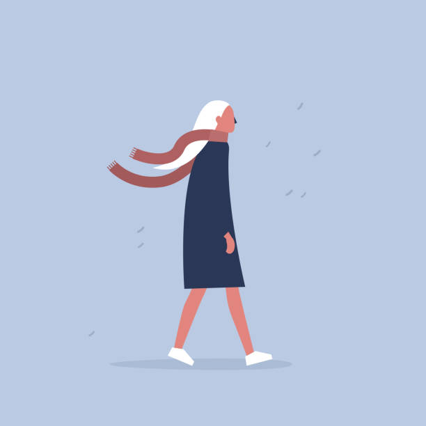 ilustrações, clipart, desenhos animados e ícones de personagem feminina jovem com um cachecol. outono. tempo ventoso. ilustração em vetor editável plana, clip-art - wind scarf women people