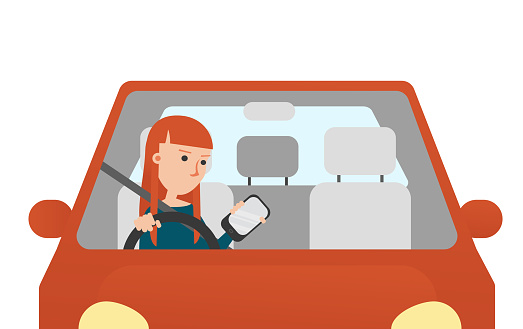 Vector Illustration. The Young Woman Looking at hers Mobil Phone while Driving.