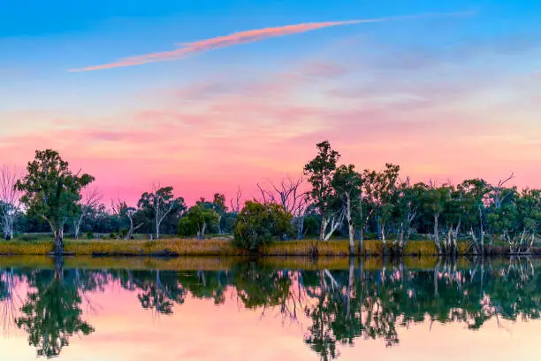 Murray river shores reflected in water at sunset, Riverland, rural South Australia