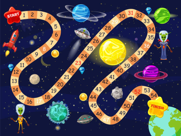 Space board game vector illustration. Rockets UFO and Aliens in space board game strategy kid cartoon design template or racing tabletop game with dice to start and finish route in space planets Space board game vector illustration. Rockets UFO and Aliens in space board game strategy kid puzzle borders stock illustrations