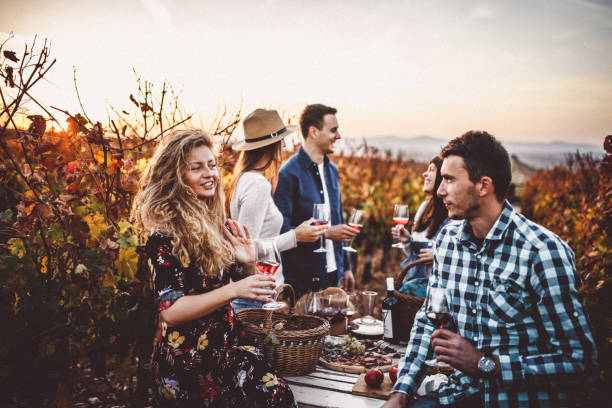 istock Group of people drinking wine in a vineyard 1061291746