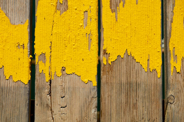 Old textured wooden planks of an harbor with worn yellow paint. Top view close up for backdrop use.