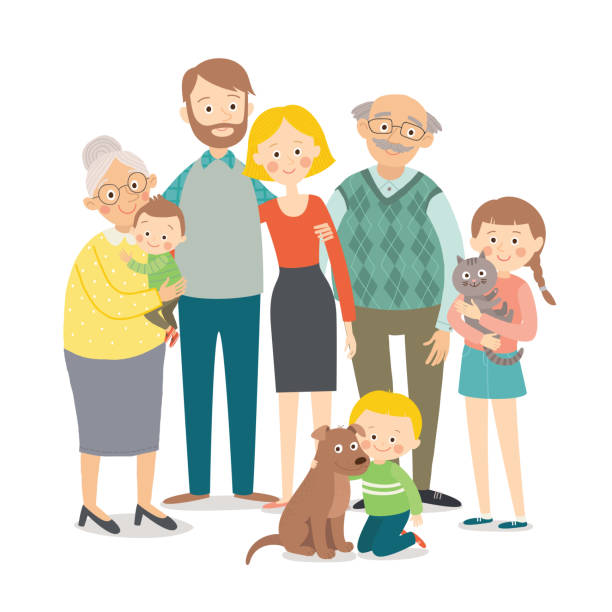Family portrait. Big happy multi-generational family together. Cartoon vector hand drawn eps 10 illustration isolated on white background in a flat style. Family portrait. Big happy multi-generational family together. Cartoon vector hand drawn eps 10 illustration isolated on white background in a flat style small-girl-and-giant-dog stock illustrations