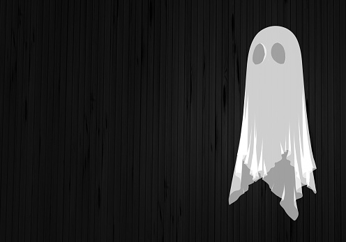 Halloween Ghost on wood Background. Happy Halloween text 3D rendering