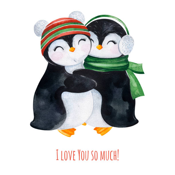 istock Cute watercolor embracing penguins in winter knitted clothes 1061300116
