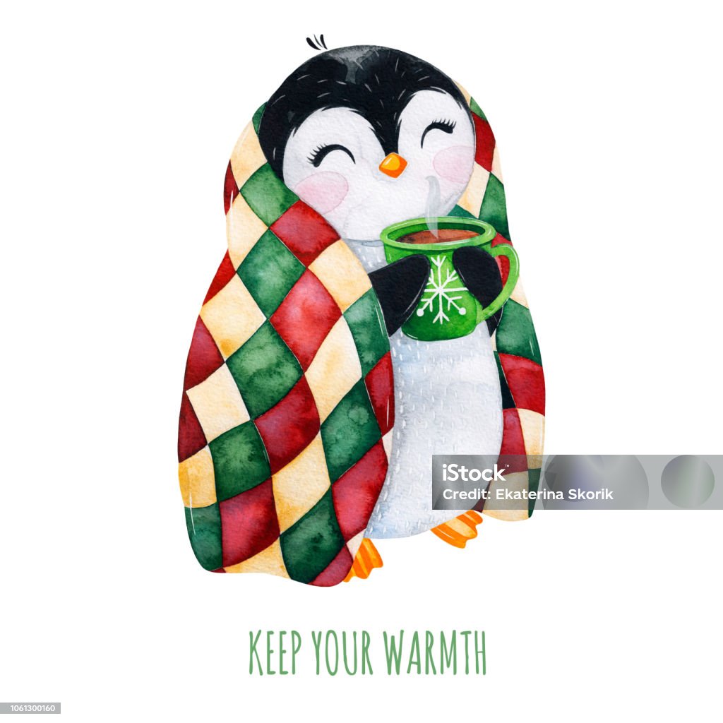 Chim Cánh Cụt Màu Nước Dễ Thương Với Một Cốc Đồ Uống Nóng Trong ...