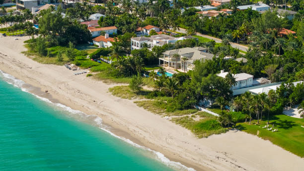 foto aerea di lussuose dimore sulla spiaggia nel sud della florida - palm tree florida house residential district foto e immagini stock