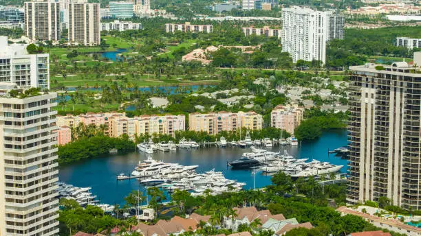 Aerial Aventura Florida buildings and marina with boats