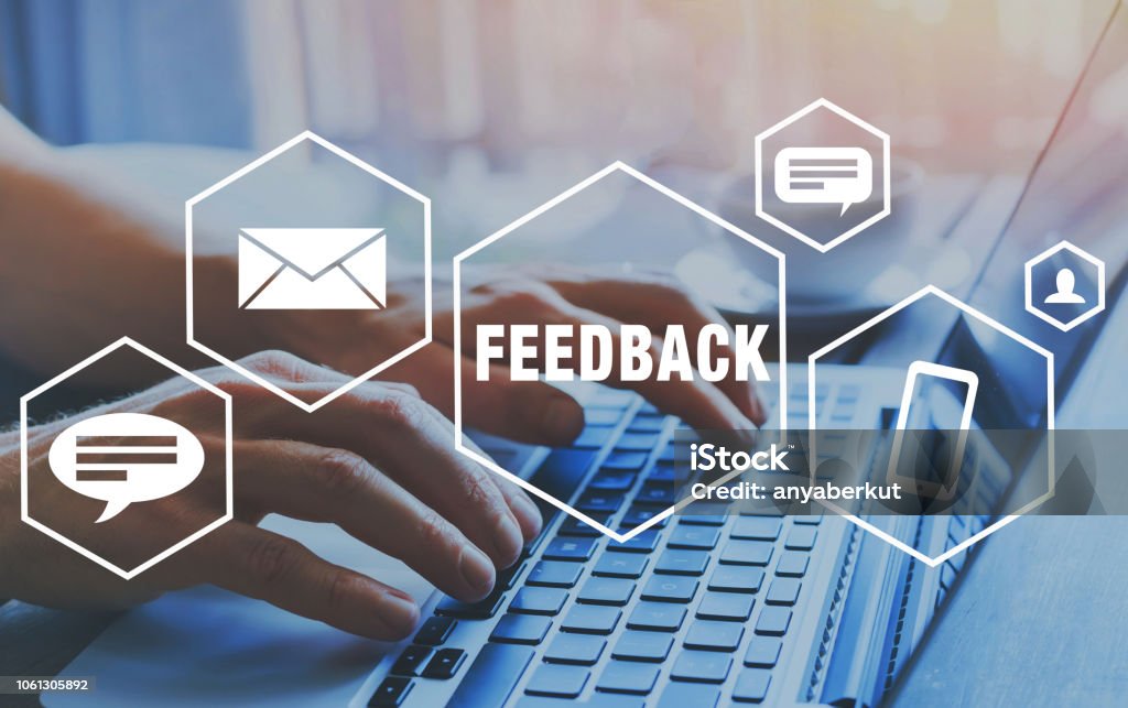 Feedback concept, reputation management. feedback concept, user comment rating of company online, writing review diagram, reputation management Questionnaire Stock Photo