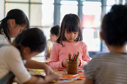 Young group of students in an arts and crafts class. Okayama, Japan