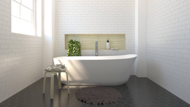 istock modern bathroom interior design,sink,toilet,shower,home 3D rendering for copy space background white tile bathroo and Ornamental Plants on the black tile floor 1061313060