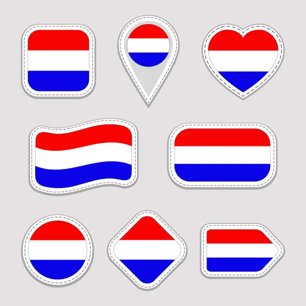 Vector illustration of Netherlands flag stickers set. Holland national symbols badges. Isolated geometric icons. Vector official flags collection. Sport pages, patriotic, travel, school, design elements. Different shapes.