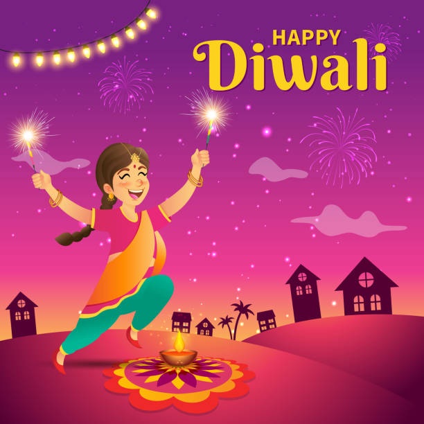 Cute Cartoon Indian Girl In Traditional Clothes Jumping And Playing With  Firecracker Celebrating The Festival Of Lights Diwali Or Deepavali On Sky  Background Stock Illustration - Download Image Now - iStock