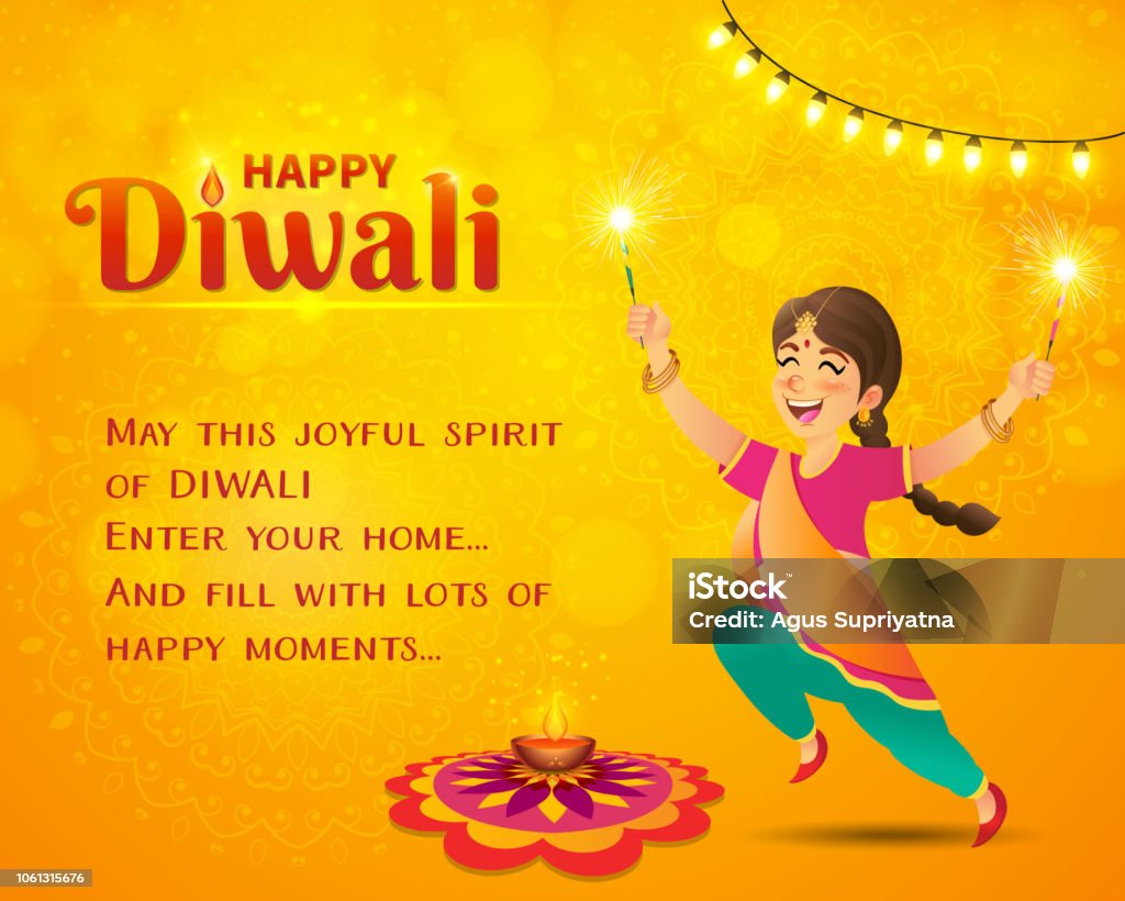 Happy Diwali Greeting Card Cute Cartoon Indian Girl In Traditional Clothes  Jumping And Playing With Firecracker Celebrating Diwali With Template Text  On Yellow Background Stock Illustration - Download Image Now - iStock