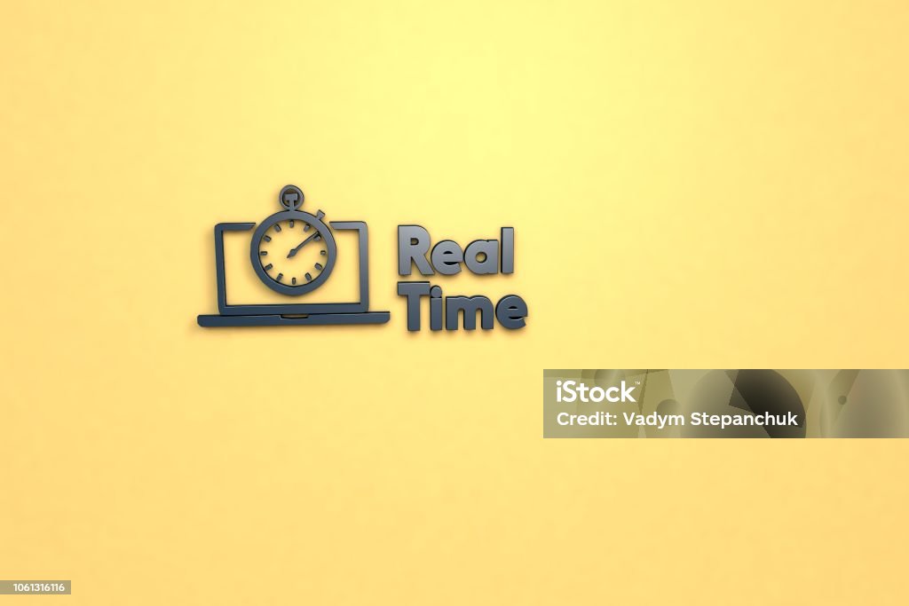 Real Time 3D render of Real Time, blue color and blue text with yellow background. Horizontal Stock Photo