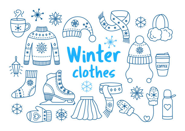 ilustraciones, imágenes clip art, dibujos animados e iconos de stock de ropa de invierno del esquema conjunto de iconos - mitón