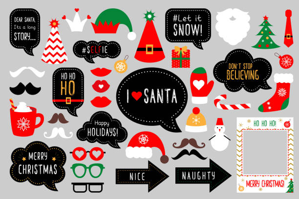 Basic RGB Christmas photo booth props. Merry christmas party . Red and green cards and speech bubble with funny quotes for christmas. Vector photobooth set: Santa and elf hat, beard, deer, snowman, candy, mustache, lips. hoofed mammal photos stock illustrations
