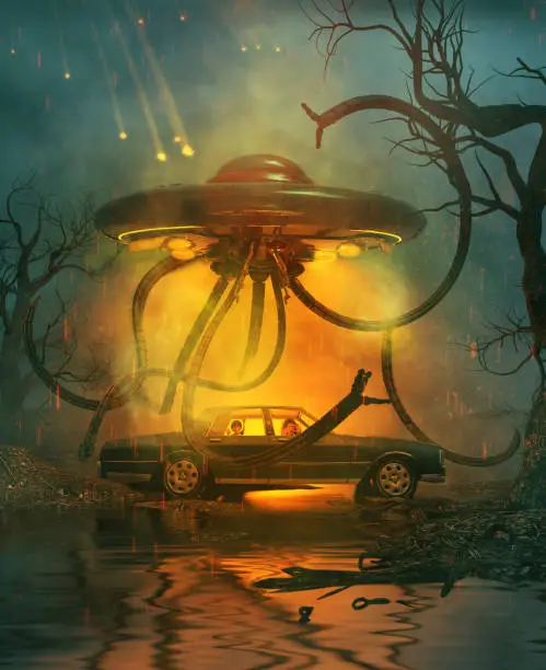 A family with a car broken down on a secluded forest at night with an attack of an ufo from the sky,scene for scary or horror concept and ideas,3d rendering