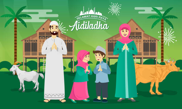 illustrations, cliparts, dessins animés et icônes de carte de voeux eid al adha. famille musulmane fête eid al adha avec chèvre, vache et maison de village malais traditionnels de dessin animé / kampung, comme toile de fond. selamat hari raya aidiladha se traduit par eid al adha moubarak - praying islam sacrifice mosque