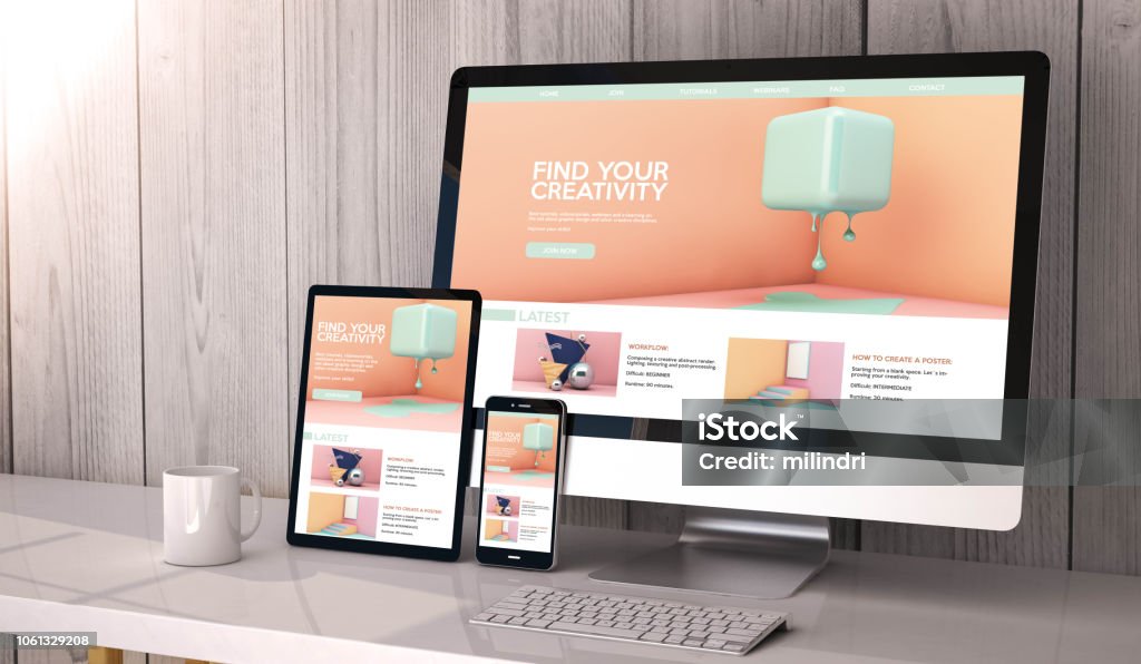 devices responsive on workspace creativity website graphic design Digital generated devices on desktop, responsive creativity graphic design on screen. All screen graphics are made up. 3d rendering. Web Page Stock Photo