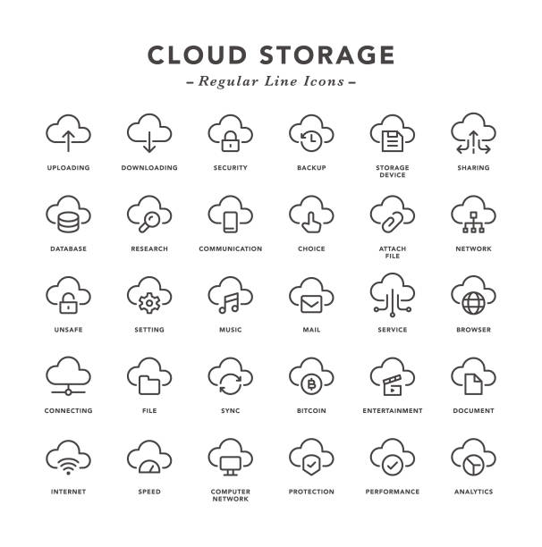 Cloud Storage - Regular Line Icons Cloud Storage - Regular Line Icons - Vector EPS 10 File, Pixel Perfect 30 Icons. cloud storage stock illustrations