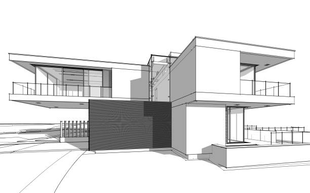 istock 3d rendering sketch of modern cozy house black line sketch. 1061332404