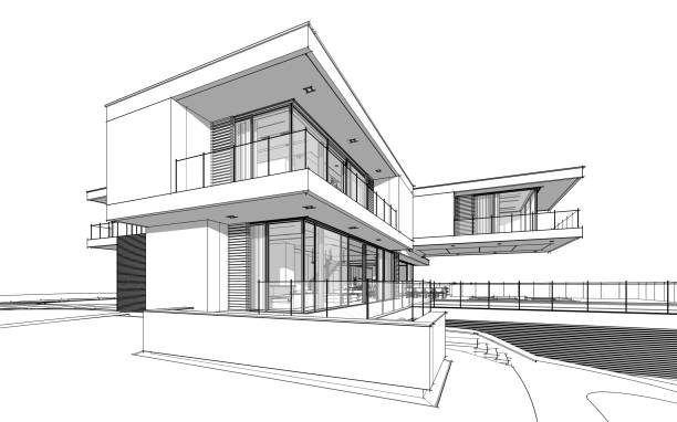 istock 3d rendering sketch of modern cozy house black line sketch. 1061332406