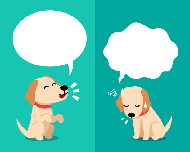 ilustraciones, imágenes clip art, dibujos animados e iconos de stock de vector de dibujos animados carácter lindo labrador perro expresando diferentes emociones con burbujas de discurso - sadness depression dog retriever