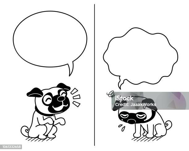 Vector Cartoon Character Cute Pug Dog Expressing Different Emotions With Speech Bubbles Stock Illustration - Download Image Now