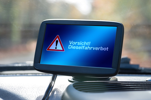 A navigation device in a car points to the diesel driving ban
