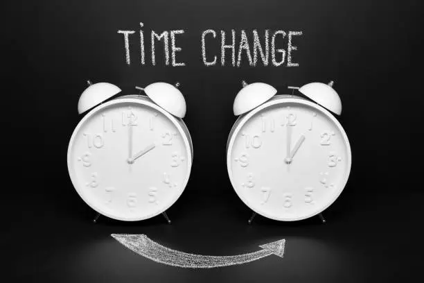 Autumn Time change. Fall back concept . Two vintage clocks with chalky text on blackboard